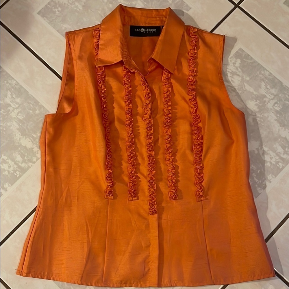 Sag Harbor Orange Sleeveless Ruffled Button Down and Pants Set.